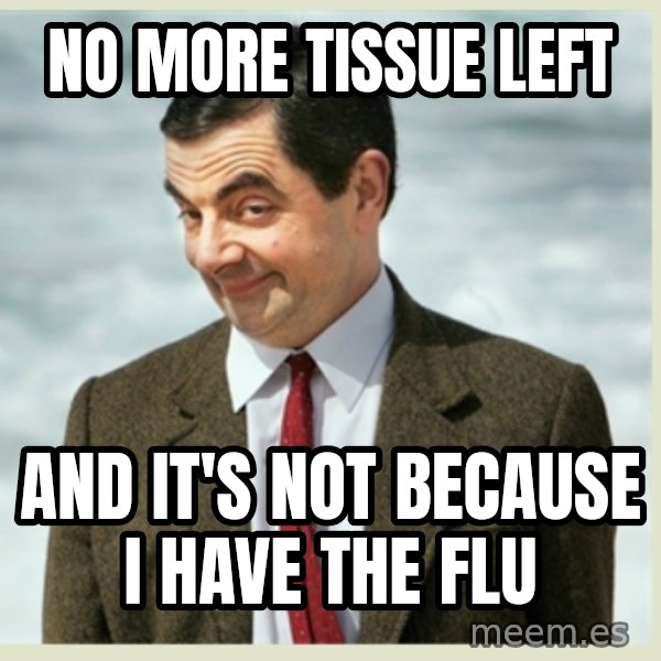 MR bean meme: no more tissue left / and it's not because i have the flu