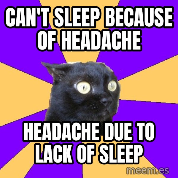 Anxiety Cat meme: can't sleep because of headache / headache due to lack of sleep