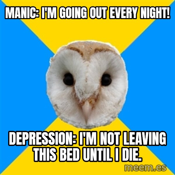 Bipolar Owl meme: Manic: i'm going out every night! / depression: i'm not leaving this bed until i die.