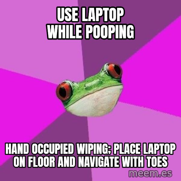 Foul Bachelorette Frog meme: USE LAPTOP WHILE POOPING / HAND OCCUPIED WIPING; PLACE LAPTOP ON FLOOR AND NAVIGATE WITH TOES