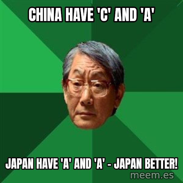 High Expectations Asian Father meme: china have 'c' and 'a' / japan have 'a' and 'a'  - japan better!