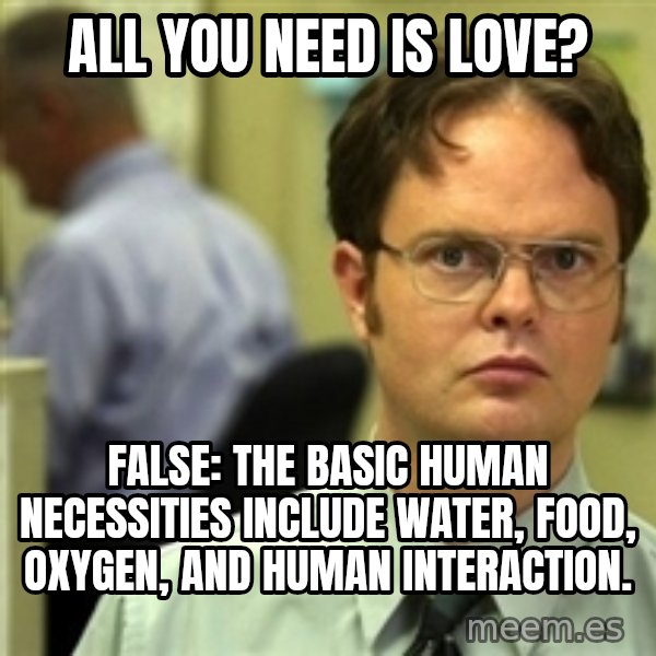 Dwight Schrute meme: all you need is love? / false: The basic human necessities include water, food, oxygen, and human interaction.