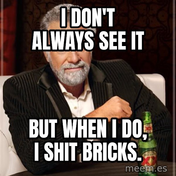 The Most Interesting Man In The World meme: i don't always see it / but when i do, i shit bricks.