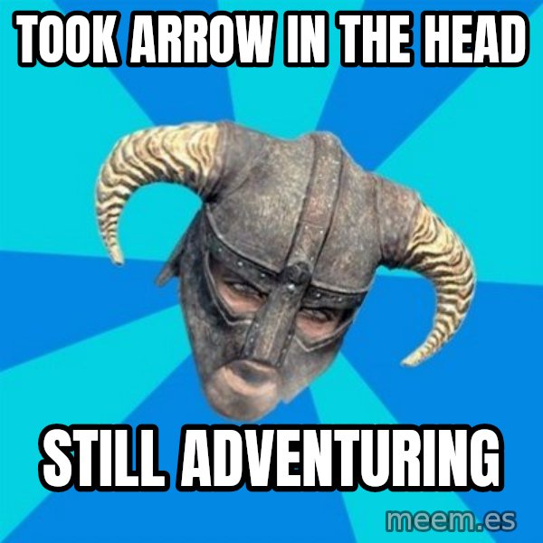 skyrim stan meme: took arrow in the head / still adventuring