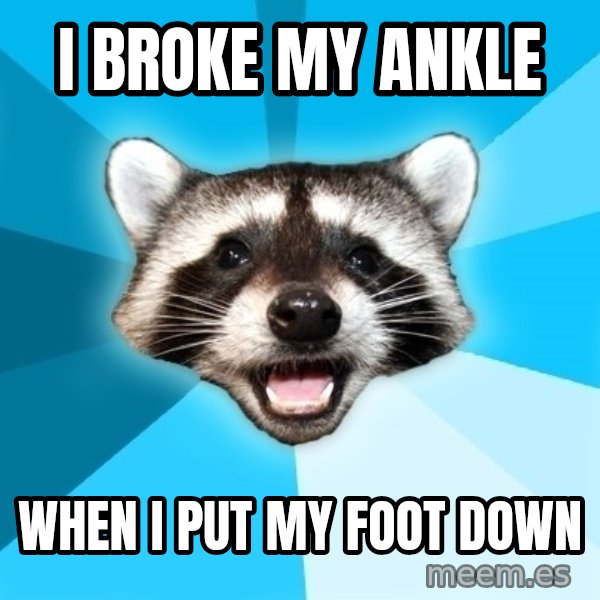Lame Pun Coon meme: i broke my ankle / when i put my foot down
