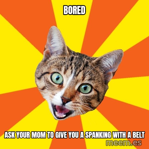 Bad Advice Cat meme: bored / ask your mom to give you a spanking with a belt