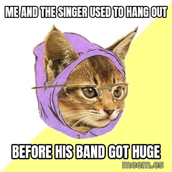 Hipster Kitty meme: me and the singer used to hang out / before his band got huge