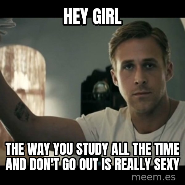 ryan gosling hey girl meme: HEY GIRL / THE WAY YOU STUDY ALL THE TIME AND DON'T GO OUT IS REALLY SEXY