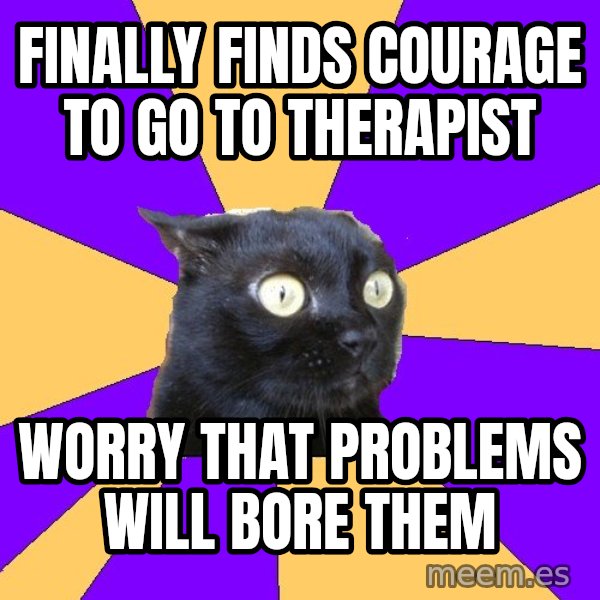 Anxiety Cat meme: Finally finds courage to go to therapist / worry that problems will bore them