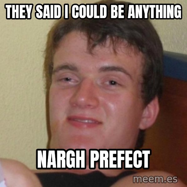 Really Stoned Guy meme: they said i could be anything / nargh prefect