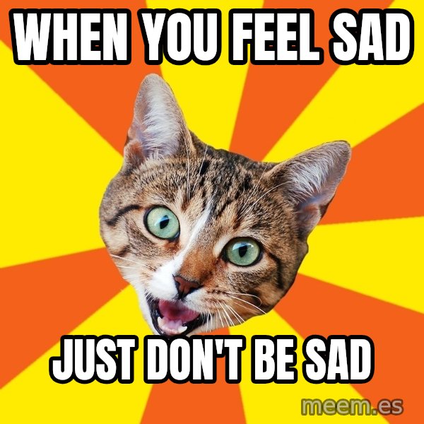 Bad Advice Cat meme: when you feel sad / just don't be sad