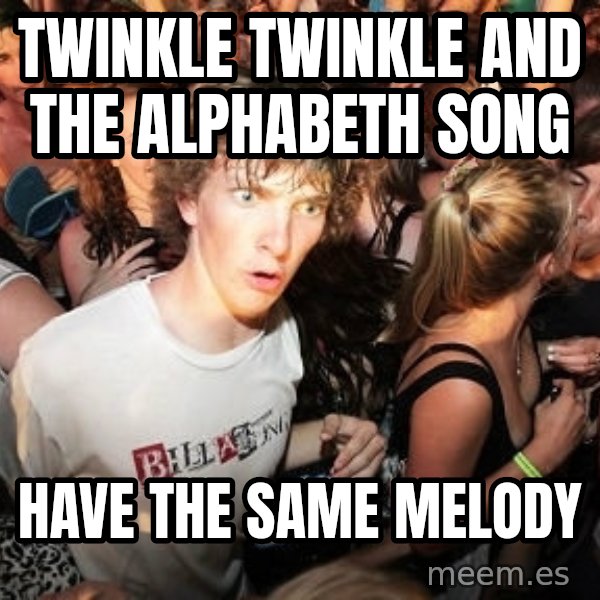 Sudden Realization Ralph meme: twinkle twinkle and the alphabeth song / have the same melody