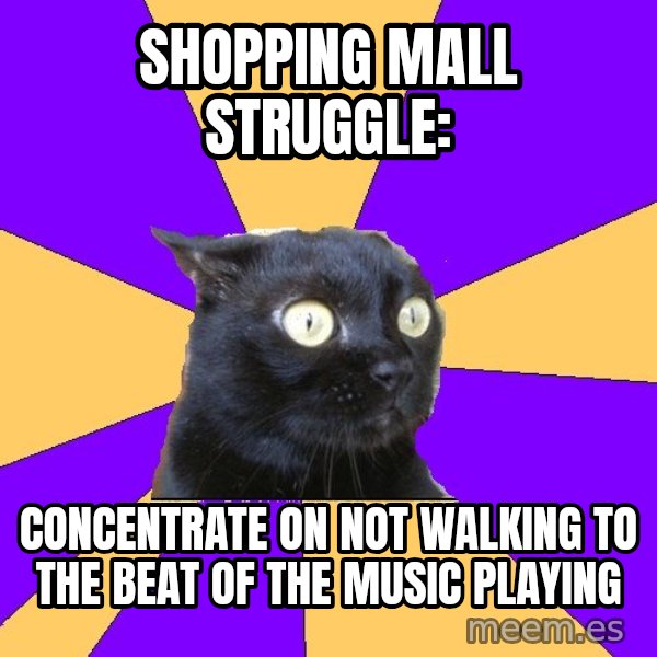 Anxiety Cat meme: shopping mall struggle: / CONCENTRATE ON NOT WALKING TO THE BEAT oF THE MUSIC PLAYING