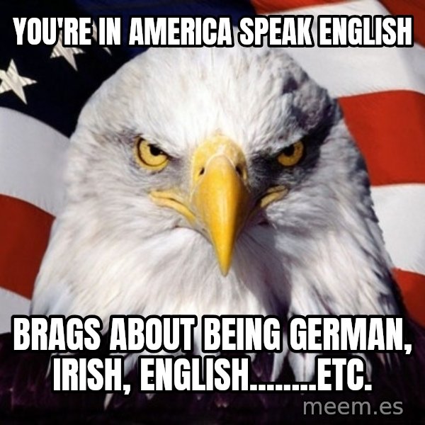 American Pride Eagle meme: you're in america speak english / brags about being german, irish, english........etc.