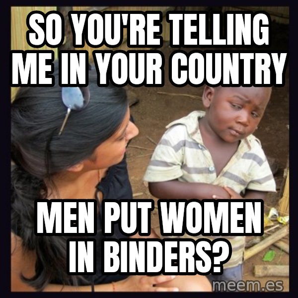 Skeptical 3rd World Kid meme: So you're telling me in your country / Men put women in binders?