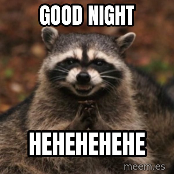 evil raccoon meme: GOOD NIGHT / HEHEHEHEHE