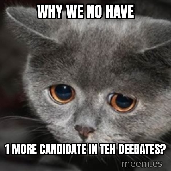 Sadcat meme: WHY WE NO HAVE / 1 MORE CANDIDATE IN TEH DEEBATES?
