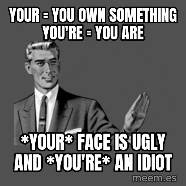 Grammar Guy meme: YouR = you own something you're = you are / *your* face is ugly and *you're* an idiot