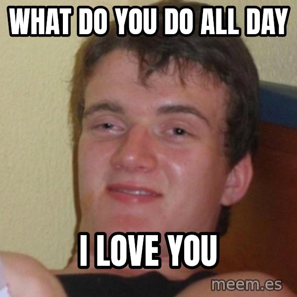Really Stoned Guy meme: what do you do all day / I LOVE YOU