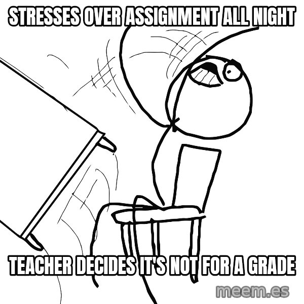 Desk Flip Rage Guy meme: Stresses over assignment all night / Teacher decides it's not for a grade