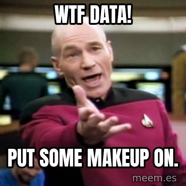 Picard Wtf meme: WTF data! / put some makeup on.