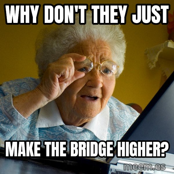 Internet Grandma Surprise meme: why don't they just / make the bridge higher?