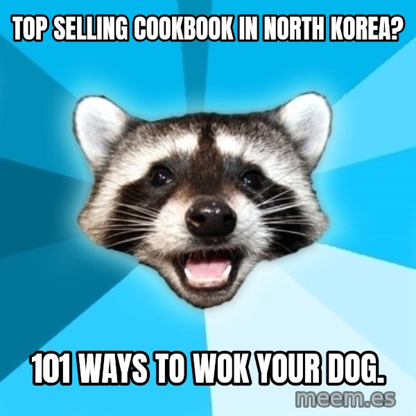 Lame Pun Coon meme: Top selling cookbook in north Korea? / 101 WAYS TO WOK YOUR DOG.