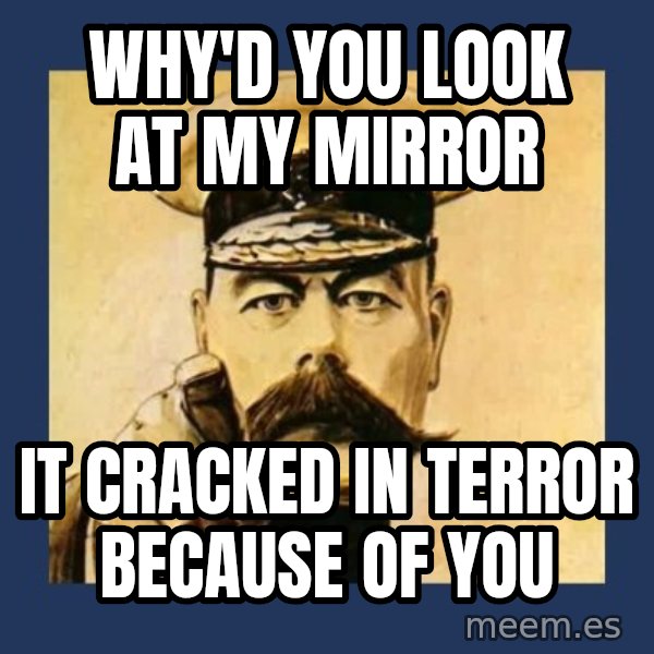 your country needs you meme: WHY'D YOU LOOK AT MY MIRROR / IT CRACKED IN TERROR BECAUSE OF YOU