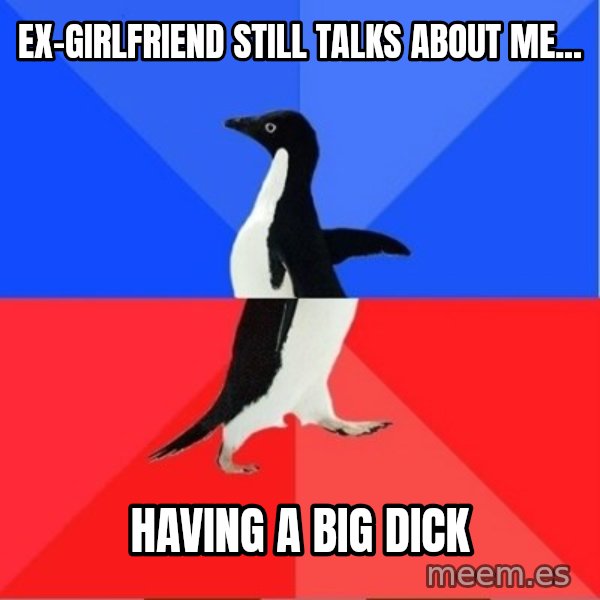Socially Awkward to Awesome Penguin meme: ex-girlfriend still talks about me... / having a big dick