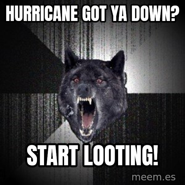 Insanity Wolf meme: Hurricane got ya down? / start looting!