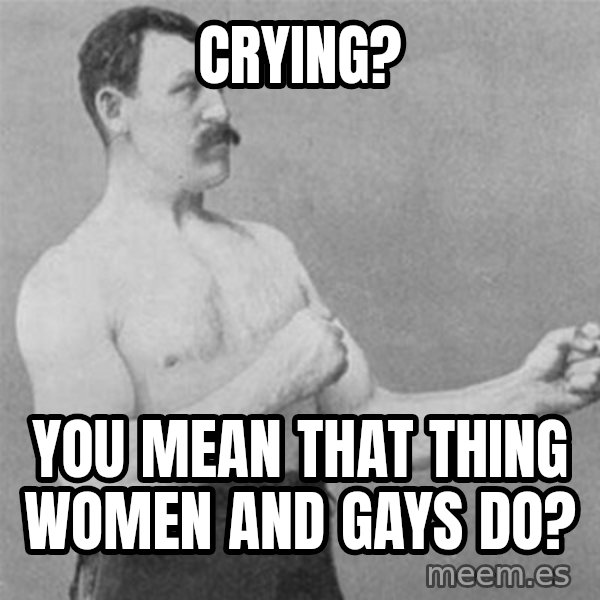 overly manlyman meme: Crying? / you mean that thing women and gays do?