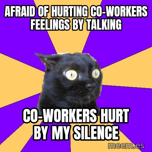 Anxiety Cat meme: Afraid of hurting co-workers feelings by talking / Co-workers Hurt by my silence