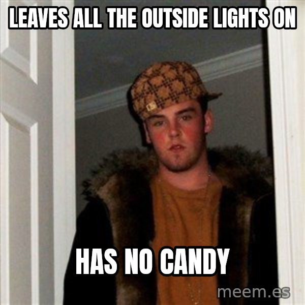 Scumbag Steve meme: leaves all the outside lights on / has no candy