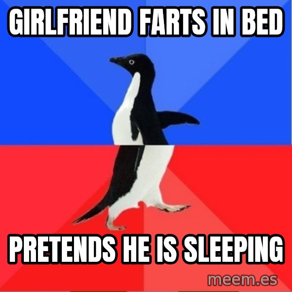 Socially Awkward to Awesome Penguin meme: Girlfriend farts in bed / pretends he is sleeping