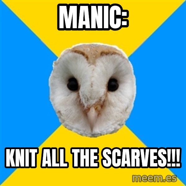Bipolar Owl meme: Manic: / Knit ALL the scarves!!!