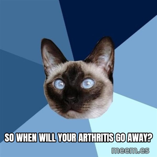 Chronic Illness Cat meme: so when will your arthritis go away?
