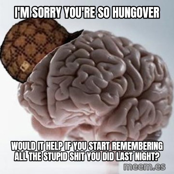 Scumbag Brain meme: I'm sorry you're so hungover / would it help if you start remembering all the stupid shit you did last night?
