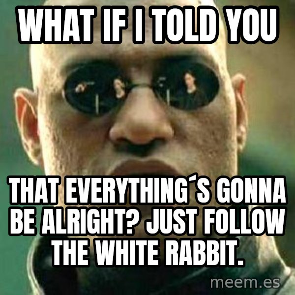 What if I told you / Matrix Morpheus meme: what if i told you / that everything´s gonna be alright? Just follow the white rabbit.