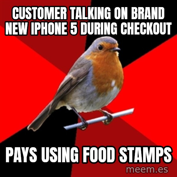 Retail Robin meme: Customer talking on brand new iphone 5 during checkout / pays using food stamps