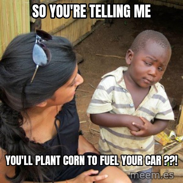 skeptical black kid meme: SO you're telling me / you'll plant corn to fuel your car ??!