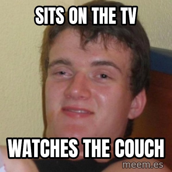 Really Stoned Guy meme: Sits on the tv / watches the couch