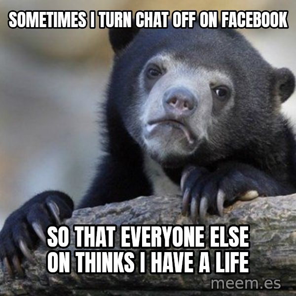 Confession Bear meme: SOmetimes i turn chat off on facebook / so that everyone else on thinks I have a life