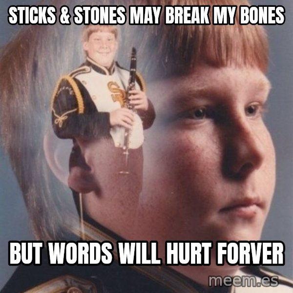 PTSD Clarinet Boy meme: STICKS & STONES MAY BREAK MY BONES / BUT WORDS WILL HURT FORVER