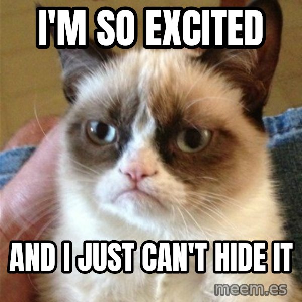 Grumpy Cat  meme: I'm so excited / and I just can't hide it