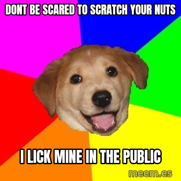 Advice Dog meme: dont be scared to scratch your nuts / i lick mine in the public