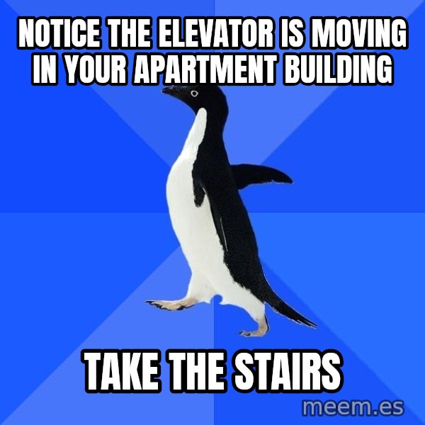 Socially Awkward Penguin meme: notice the elevator is moving in your apartment building / take the stairs