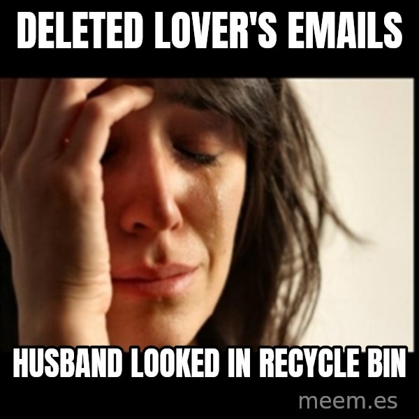 First World Problems meme: deleted lover's emails / husband looked in recycle bin