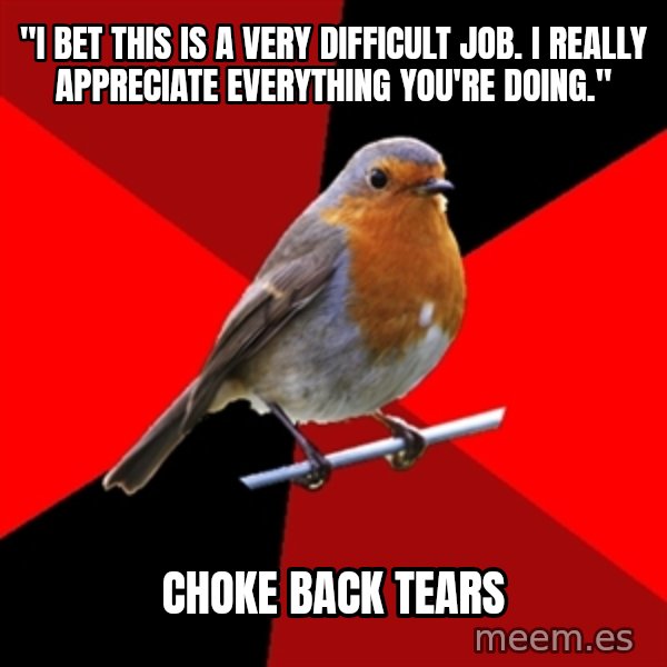 Retail Robin meme: "I bet this is a very difficult job. I really appreciate everything you're doing." / Choke back tears