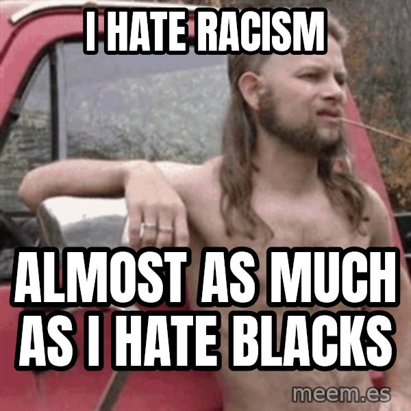 Almost Politically Correct Redneck meme: I HATE RACISM / ALMOST AS MUCH AS I HATE BLACKS