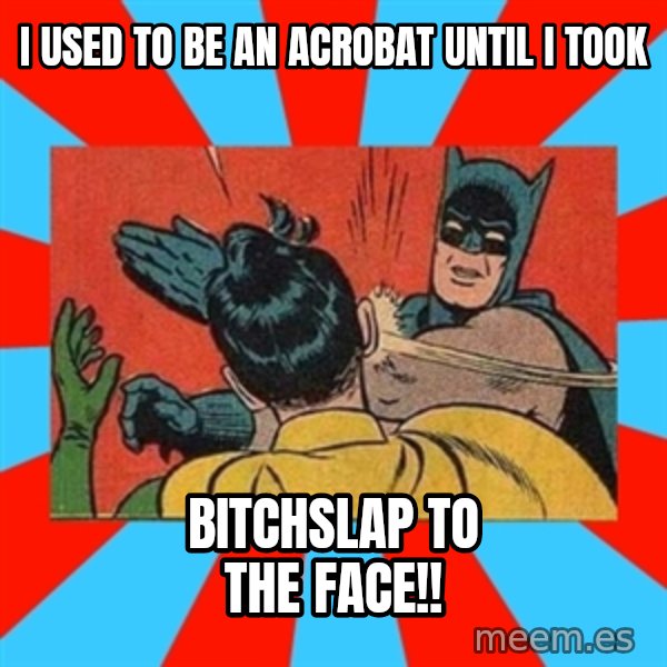 Batman Bitchslap meme: i used to be an acrobat until i took / bitchslap to the face!!